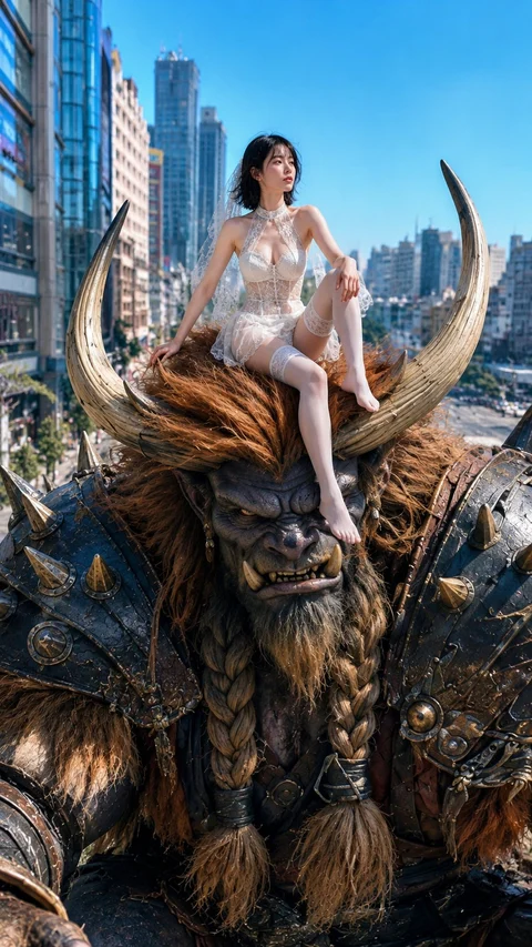 A small figure in pale clothing sits on the head of a huge horned fantasy creature among modern city buildings.