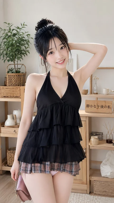 A woman in a tiered black halter dress poses with one hand behind her head in a bright room.