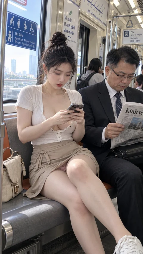 A woman wearing a pale sleeveless top and beige skirt looks at her phone beside a newspaper-reading man.