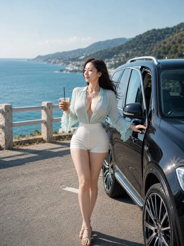 Woman in a mint blouse beside a coastal road