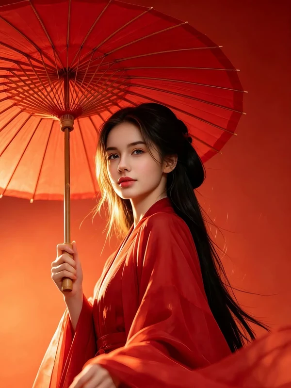 Woman in a red traditional outfit holding a matching umbrella
