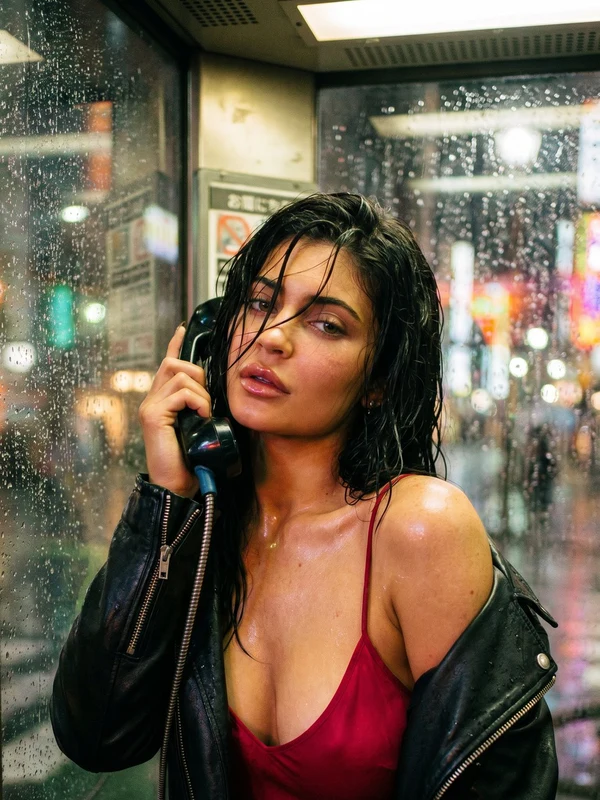 Woman in a red dress and dark jacket beside a rainy phone booth