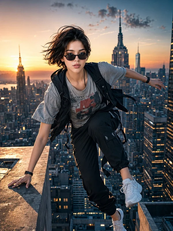 Cinematic still of an adult woman moving across a city rooftop